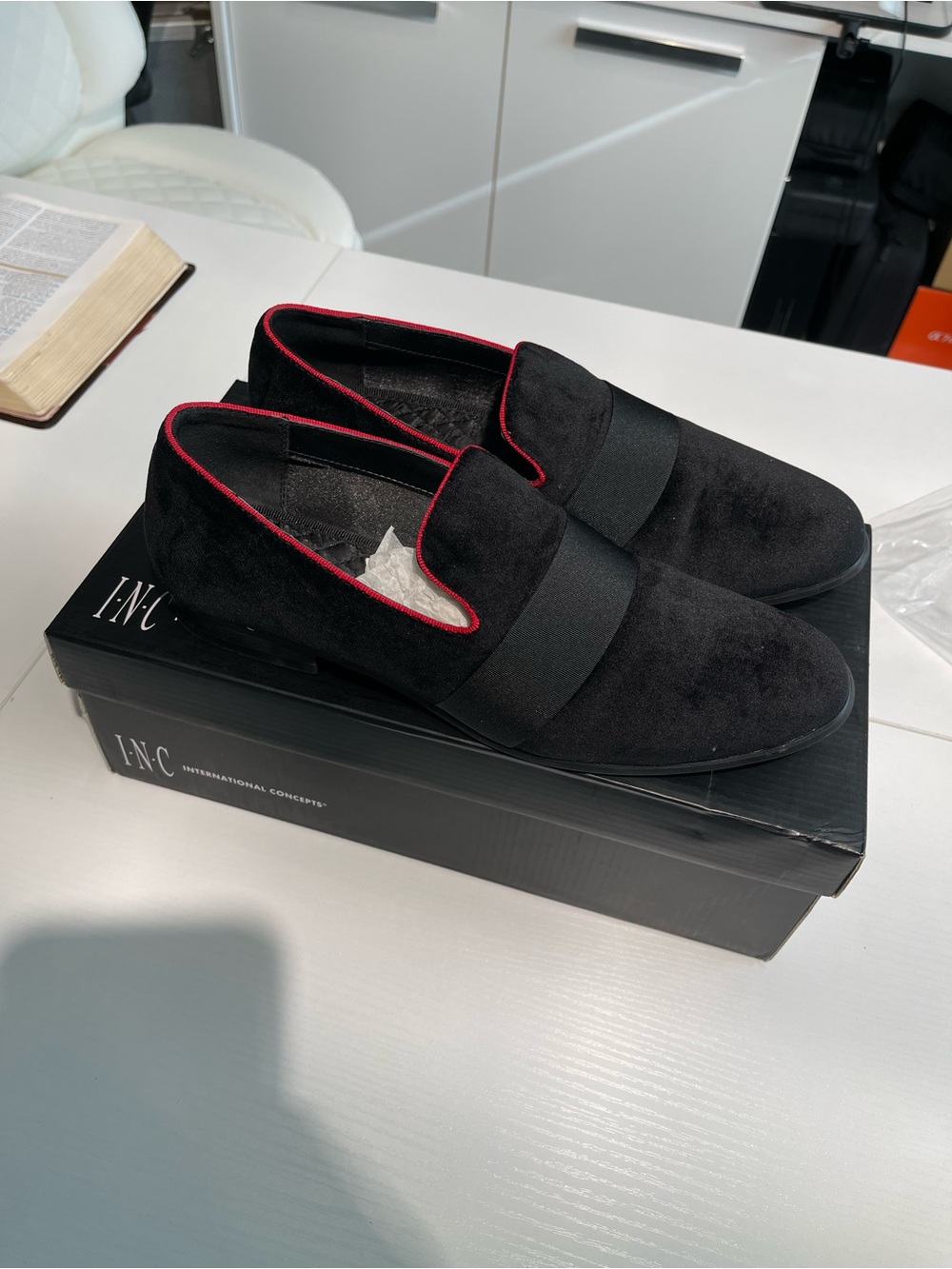 INC International Concepts Black Suede Slip-On Loafers with Red Piping